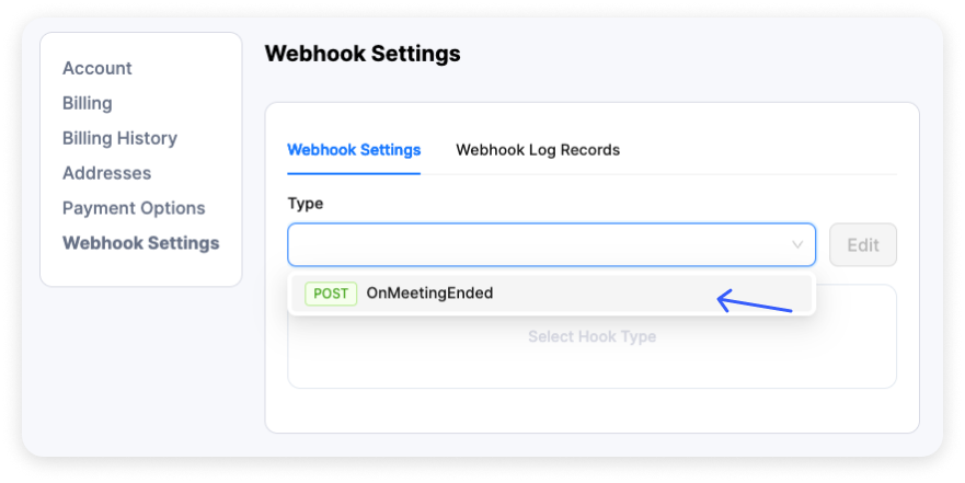 Select OnMeetingEnded from webhook type dropdown